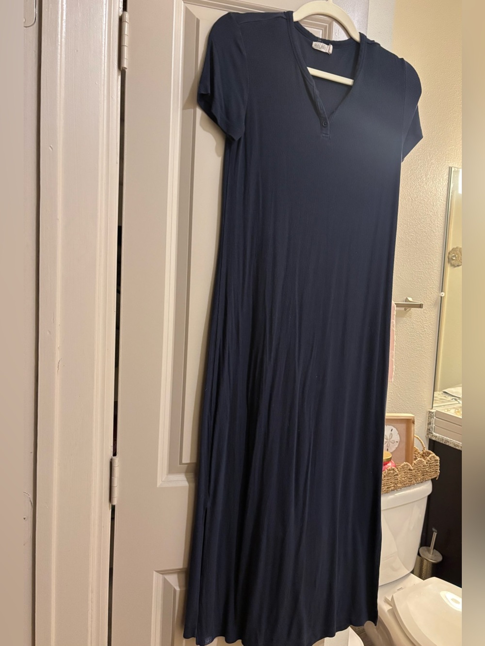 Barefoot Dreams Navy Short-Sleeve Ribbed Midi Dress